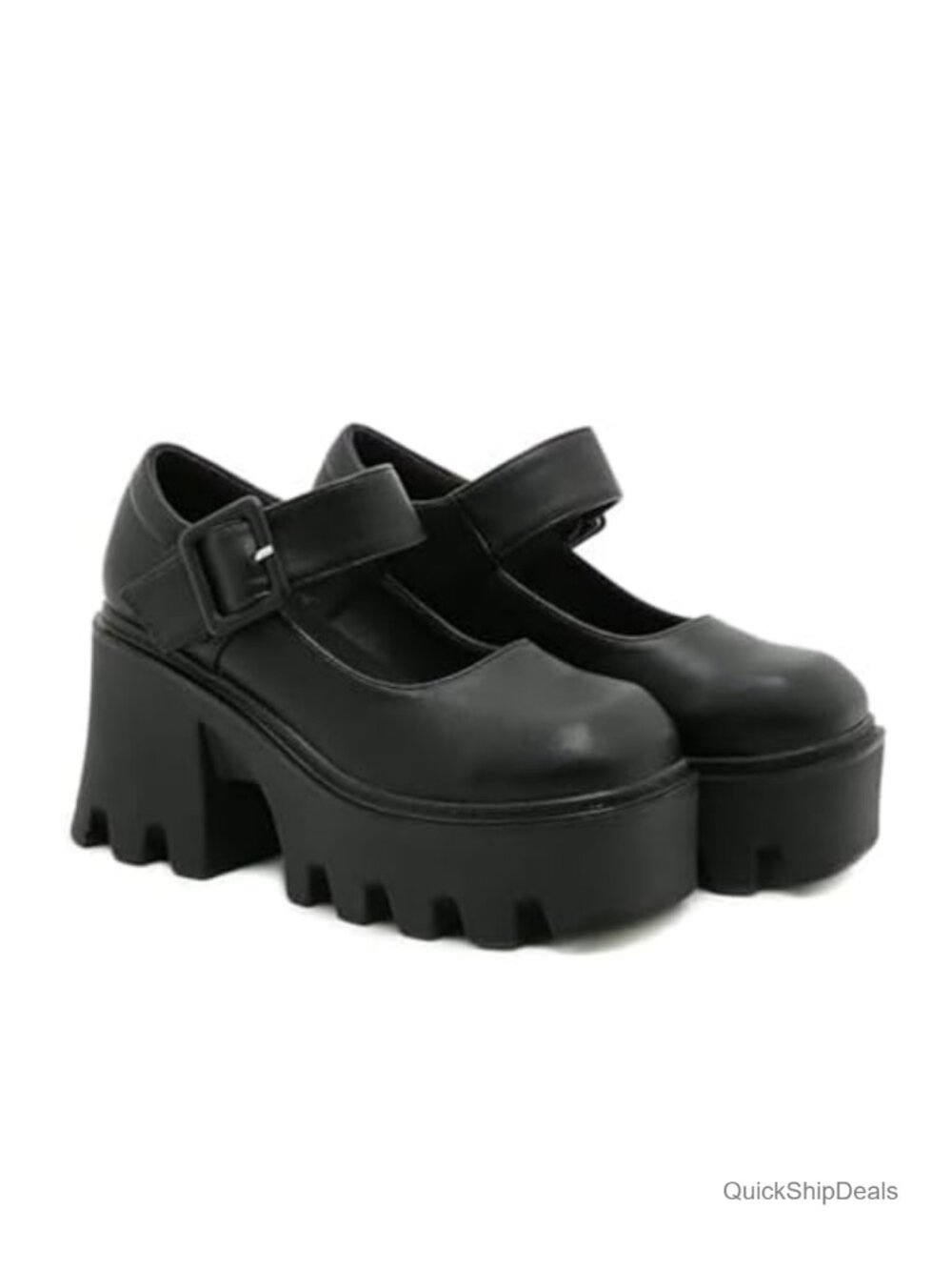 Leather Mary Jane Platform Heels Chunky Square Toe Adjustable Strap Work Party